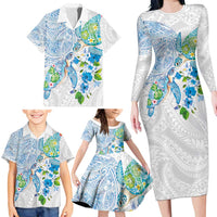 Hawaiian Couple Turtles Honi Family Matching Long Sleeve Bodycon Dress and Hawaiian Shirt Polynesian Art Motifs and Hibiscus White Blue Color - Polynesian Pride