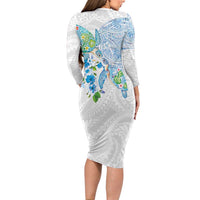 Hawaiian Couple Turtles Honi Family Matching Long Sleeve Bodycon Dress and Hawaiian Shirt Polynesian Art Motifs and Hibiscus White Blue Color - Polynesian Pride