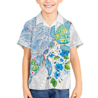 Hawaiian Couple Turtles Honi Family Matching Long Sleeve Bodycon Dress and Hawaiian Shirt Polynesian Art Motifs and Hibiscus White Blue Color LT03 Son's Shirt White - Polynesian Pride