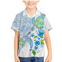 Hawaiian Couple Turtles Honi Family Matching Mermaid Dress and Hawaiian Shirt Polynesian Art Motifs and Hibiscus White Blue Color - Polynesian Pride