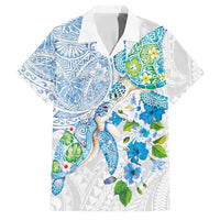 Hawaiian Couple Turtles Honi Family Matching Off The Shoulder Long Sleeve Dress and Hawaiian Shirt Polynesian Art Motifs and Hibiscus White Blue Color LT03 Dad's Shirt - Short Sleeve White - Polynesian Pride