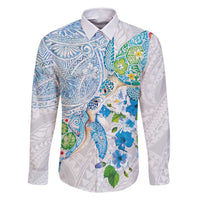 Hawaiian Couple Turtles Honi Family Matching Off Shoulder Short Dress and Hawaiian Shirt Polynesian Art Motifs and Hibiscus White Blue Color - Polynesian Pride