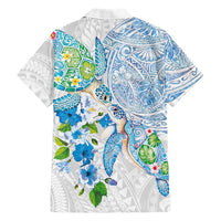 Hawaiian Couple Turtles Honi Family Matching Short Sleeve Bodycon Dress and Hawaiian Shirt Polynesian Art Motifs and Hibiscus White Blue Color LT03 - Polynesian Pride