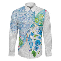 Hawaiian Couple Turtles Honi Family Matching Summer Maxi Dress and Hawaiian Shirt Polynesian Art Motifs and Hibiscus White Blue Color LT03 Dad's Shirt - Long Sleeve White - Polynesian Pride