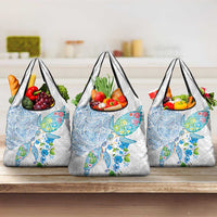 Hawaiian Couple Turtles Honi Grocery Bag Polynesian Art Motifs and Hibiscus White Blue Color - Polynesian Pride