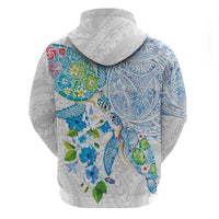 Hawaiian Couple Turtles Honi Hoodie Polynesian Art Motifs and Hibiscus White Blue Color - Polynesian Pride