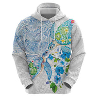Hawaiian Couple Turtles Honi Hoodie Polynesian Art Motifs and Hibiscus White Blue Color - Polynesian Pride