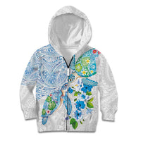 Hawaiian Couple Turtles Honi Kid Hoodie Polynesian Art Motifs and Hibiscus White Blue Color - Polynesian Pride