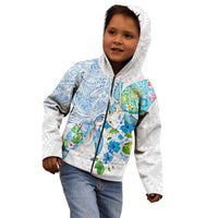 Hawaiian Couple Turtles Honi Kid Hoodie Polynesian Art Motifs and Hibiscus White Blue Color - Polynesian Pride