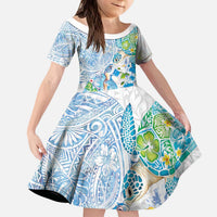 Hawaiian Couple Turtles Honi Kid Short Sleeve Dress Polynesian Art Motifs and Hibiscus White Blue Color - Polynesian Pride