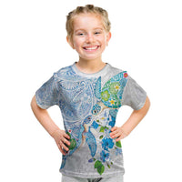 Hawaiian Couple Turtles Honi Kid T Shirt Polynesian Art Motifs and Hibiscus White Blue Color - Polynesian Pride