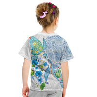 Hawaiian Couple Turtles Honi Kid T Shirt Polynesian Art Motifs and Hibiscus White Blue Color - Polynesian Pride