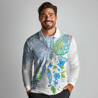 Hawaiian Couple Turtles Honi Long Sleeve Polo Shirt Polynesian Art Motifs and Hibiscus White Blue Color - Polynesian Pride