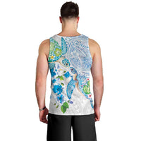 Hawaiian Couple Turtles Honi Men Tank Top Polynesian Art Motifs and Hibiscus White Blue Color - Polynesian Pride