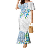 Hawaiian Couple Turtles Honi Mermaid Dress Polynesian Art Motifs and Hibiscus White Blue Color - Polynesian Pride