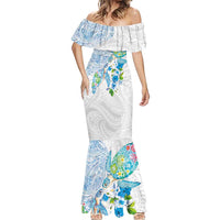 Hawaiian Couple Turtles Honi Mermaid Dress Polynesian Art Motifs and Hibiscus White Blue Color - Polynesian Pride