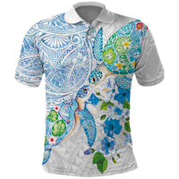 Hawaiian Couple Turtles Honi Polo Shirt Polynesian Art Motifs and Hibiscus White Blue Color - Polynesian Pride