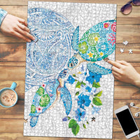 Hawaiian Couple Turtles Honi Puzzle Polynesian Art Motifs and Hibiscus White Blue Color - Polynesian Pride