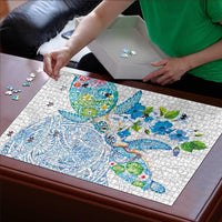 Hawaiian Couple Turtles Honi Puzzle Polynesian Art Motifs and Hibiscus White Blue Color - Polynesian Pride