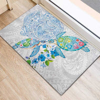 Hawaiian Couple Turtles Honi Rubber Doormat Polynesian Art Motifs and Hibiscus White Blue Color - Polynesian Pride