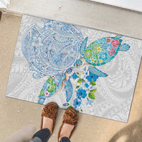 Hawaiian Couple Turtles Honi Rubber Doormat Polynesian Art Motifs and Hibiscus White Blue Color - Polynesian Pride