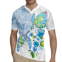 Hawaiian Couple Turtles Honi Rugby Jersey Polynesian Art Motifs and Hibiscus White Blue Color - Polynesian Pride
