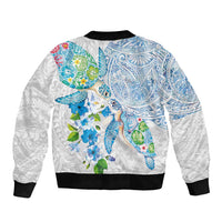 Hawaiian Couple Turtles Honi Sleeve Zip Bomber Jacket Polynesian Art Motifs and Hibiscus White Blue Color - Polynesian Pride