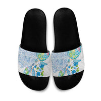 Hawaiian Couple Turtles Honi Slide Sandals Polynesian Art Motifs and Hibiscus White Blue Color - Polynesian Pride