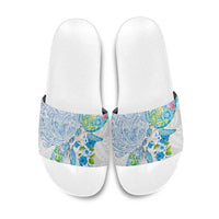 Hawaiian Couple Turtles Honi Slide Sandals Polynesian Art Motifs and Hibiscus White Blue Color - Polynesian Pride
