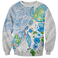 Hawaiian Couple Turtles Honi Sweatshirt Polynesian Art Motifs and Hibiscus White Blue Color - Polynesian Pride