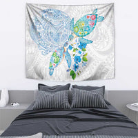 Hawaiian Couple Turtles Honi Tapestry Polynesian Art Motifs and Hibiscus White Blue Color - Polynesian Pride