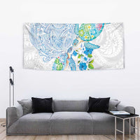 Hawaiian Couple Turtles Honi Tapestry Polynesian Art Motifs and Hibiscus White Blue Color - Polynesian Pride