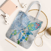 Hawaiian Couple Turtles Honi Tote Bag Polynesian Art Motifs and Hibiscus White Blue Color - Polynesian Pride