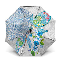 Hawaiian Couple Turtles Honi Umbrella Polynesian Art Motifs and Hibiscus White Blue Color - Polynesian Pride
