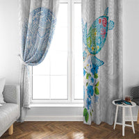 Hawaiian Couple Turtles Honi Window Curtain Polynesian Art Motifs and Hibiscus White Blue Color - Polynesian Pride