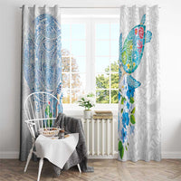 Hawaiian Couple Turtles Honi Window Curtain Polynesian Art Motifs and Hibiscus White Blue Color - Polynesian Pride