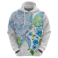 Hawaiian Couple Turtles Honi Zip Hoodie Polynesian Art Motifs and Hibiscus White Blue Color - Polynesian Pride
