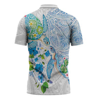 Hawaiian Couple Turtles Honi Zipper Polo Shirt Polynesian Art Motifs and Hibiscus White Blue Color LT03 - Polynesian Pride