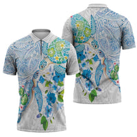Hawaiian Couple Turtles Honi Zipper Polo Shirt Polynesian Art Motifs and Hibiscus White Blue Color LT03 - Polynesian Pride