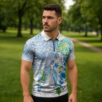 Hawaiian Couple Turtles Honi Zipper Polo Shirt Polynesian Art Motifs and Hibiscus White Blue Color LT03 - Polynesian Pride