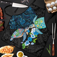 Hawaiian Couple Turtles Honi Apron Polynesian Art Motifs and Hibiscus Black Blue Color - Polynesian Pride