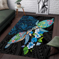Hawaiian Couple Turtles Honi Area Rug Polynesian Art Motifs and Hibiscus Black Blue Color - Polynesian Pride