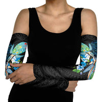 Hawaiian Couple Turtles Honi Arm Sleeves Polynesian Art Motifs and Hibiscus Black Blue Color - Polynesian Pride
