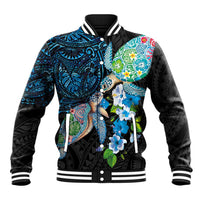 Hawaiian Couple Turtles Honi Baseball Jacket Polynesian Art Motifs and Hibiscus Black Blue Color - Polynesian Pride