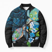Hawaiian Couple Turtles Honi Bomber Puffer Jacket Polynesian Art Motifs and Hibiscus Black Blue Color - Polynesian Pride