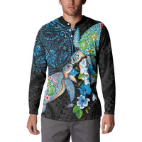 Hawaiian Couple Turtles Honi Button Sweatshirt Polynesian Art Motifs and Hibiscus Black Blue Color - Polynesian Pride
