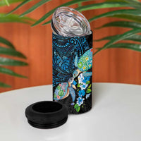 Hawaiian Couple Turtles Honi 4 in 1 Can Cooler Tumbler Polynesian Art Motifs and Hibiscus Black Blue Color - Polynesian Pride