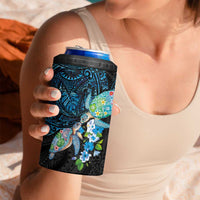 Hawaiian Couple Turtles Honi 4 in 1 Can Cooler Tumbler Polynesian Art Motifs and Hibiscus Black Blue Color - Polynesian Pride
