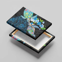 Hawaiian Couple Turtles Honi Canvas Wall Art Polynesian Art Motifs and Hibiscus Black Blue Color - Polynesian Pride