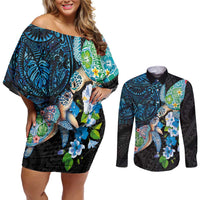 Hawaiian Couple Turtles Honi Couples Matching Off Shoulder Short Dress and Long Sleeve Button Shirt Polynesian Art Motifs and Hibiscus Black Blue Color - Polynesian Pride